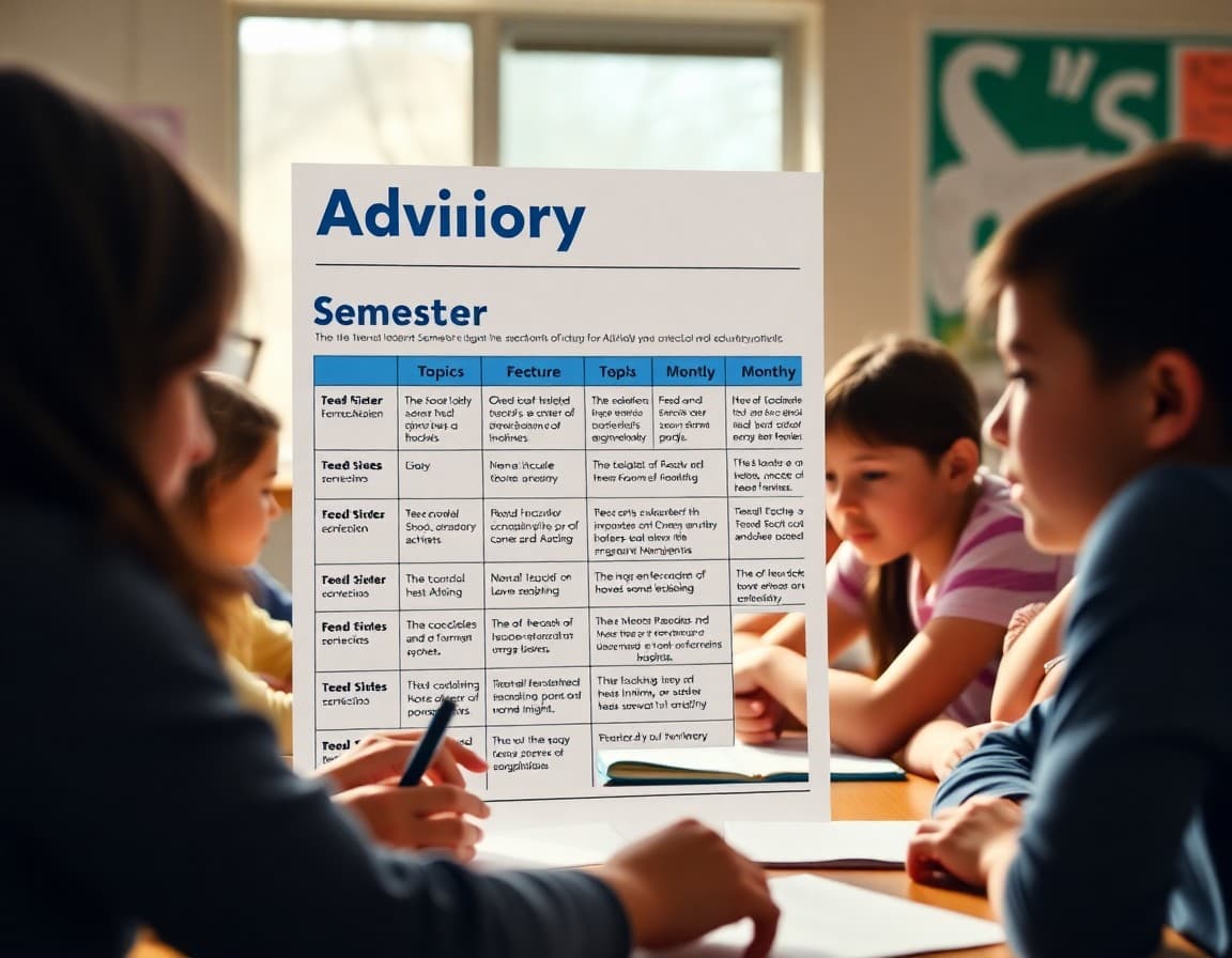 Advisory curriculum newsletter showing a semester scope and sequence for families with monthly theme topics
