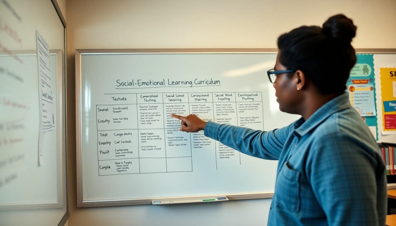 Middle school advisory teacher pointing to a social-emotional learning curriculum outline on a classroom whiteboard