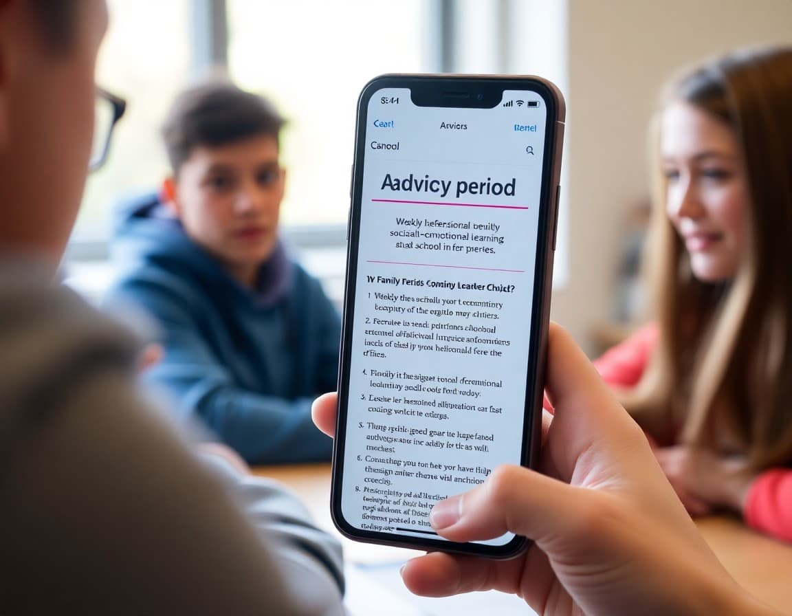 Advisory period newsletter on a phone screen showing weekly social-emotional learning theme for families