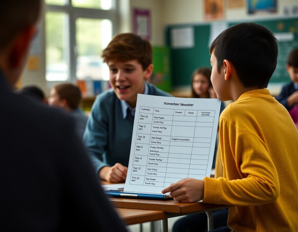 Newsletter page showing a sample filled-in agenda planner page with time estimates for each homework task