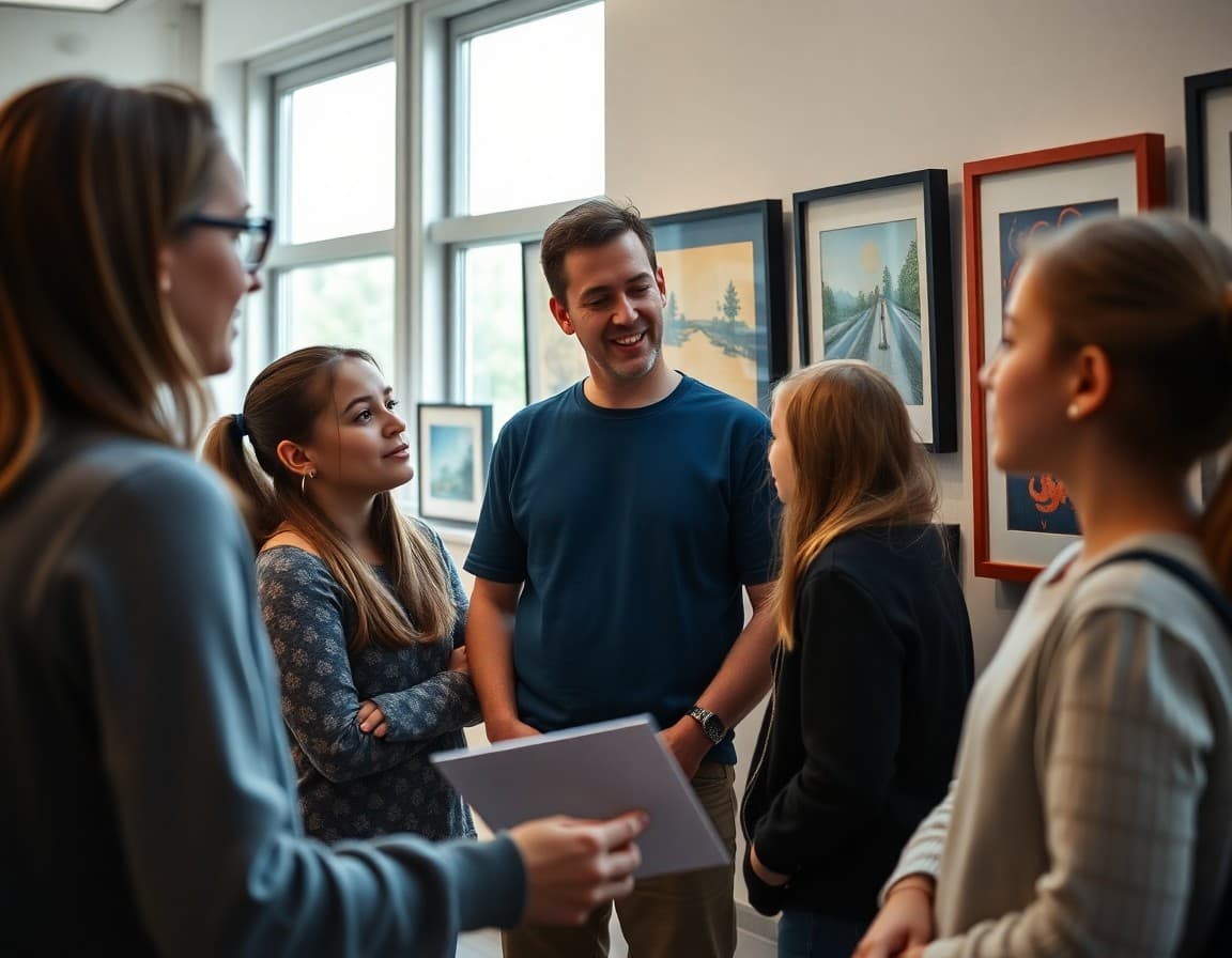 Art teacher reviewing student portfolio pieces with students before hanging them in the school gallery show