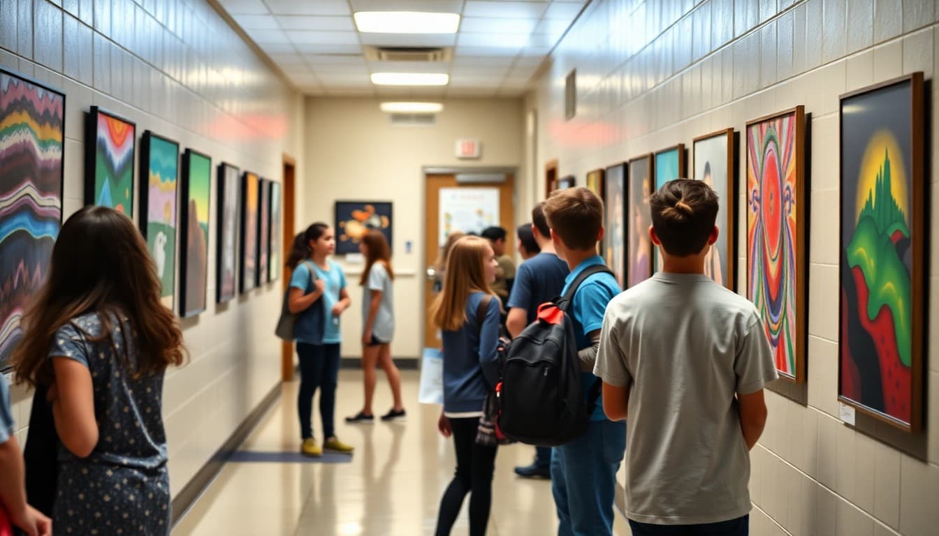 Middle school artwork displayed on gallery walls in the school hallway during a student art exhibition opening