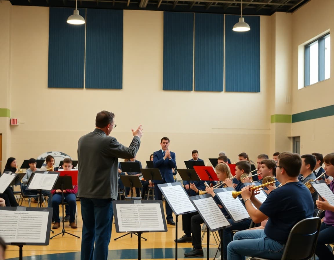 Band director conducting a final rehearsal with middle school musicians in the school gymnasium