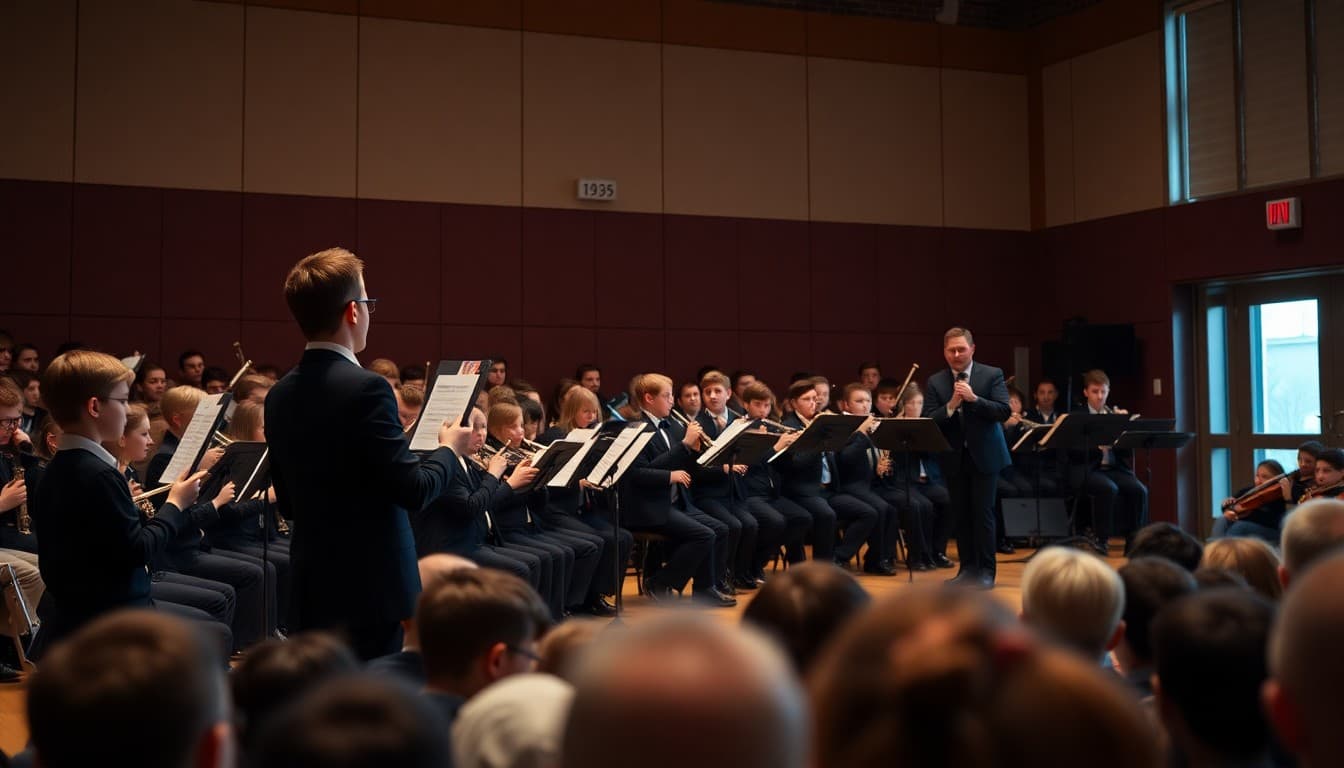 Middle school concert band performing on stage in formal attire for a packed school auditorium audience