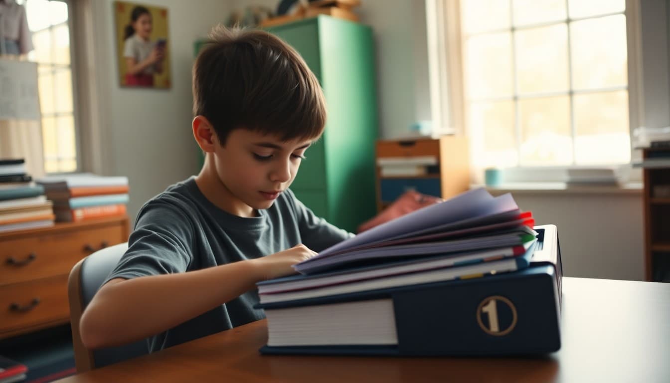 Middle school student organizing class notes into color-coded binder sections on a bedroom desk