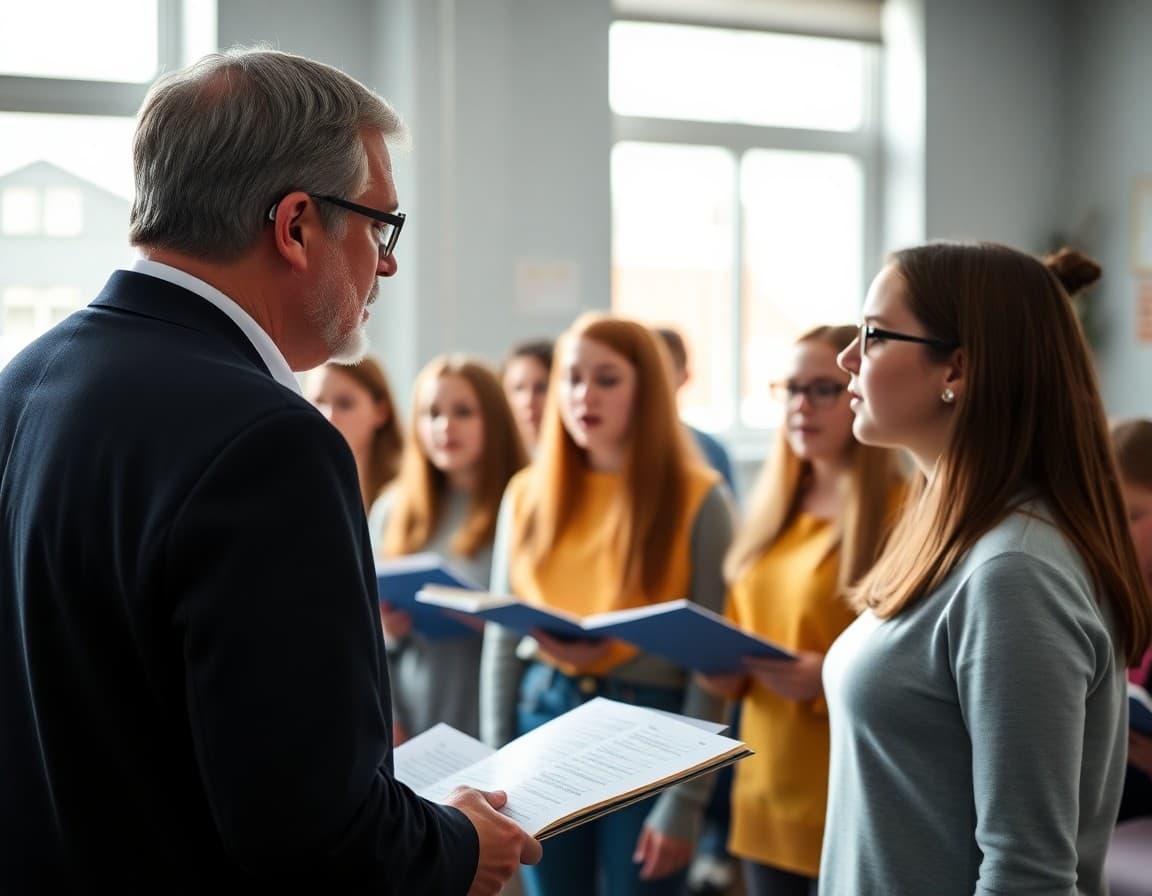 Choir director leading a warm-up session with middle school vocalists before a performance