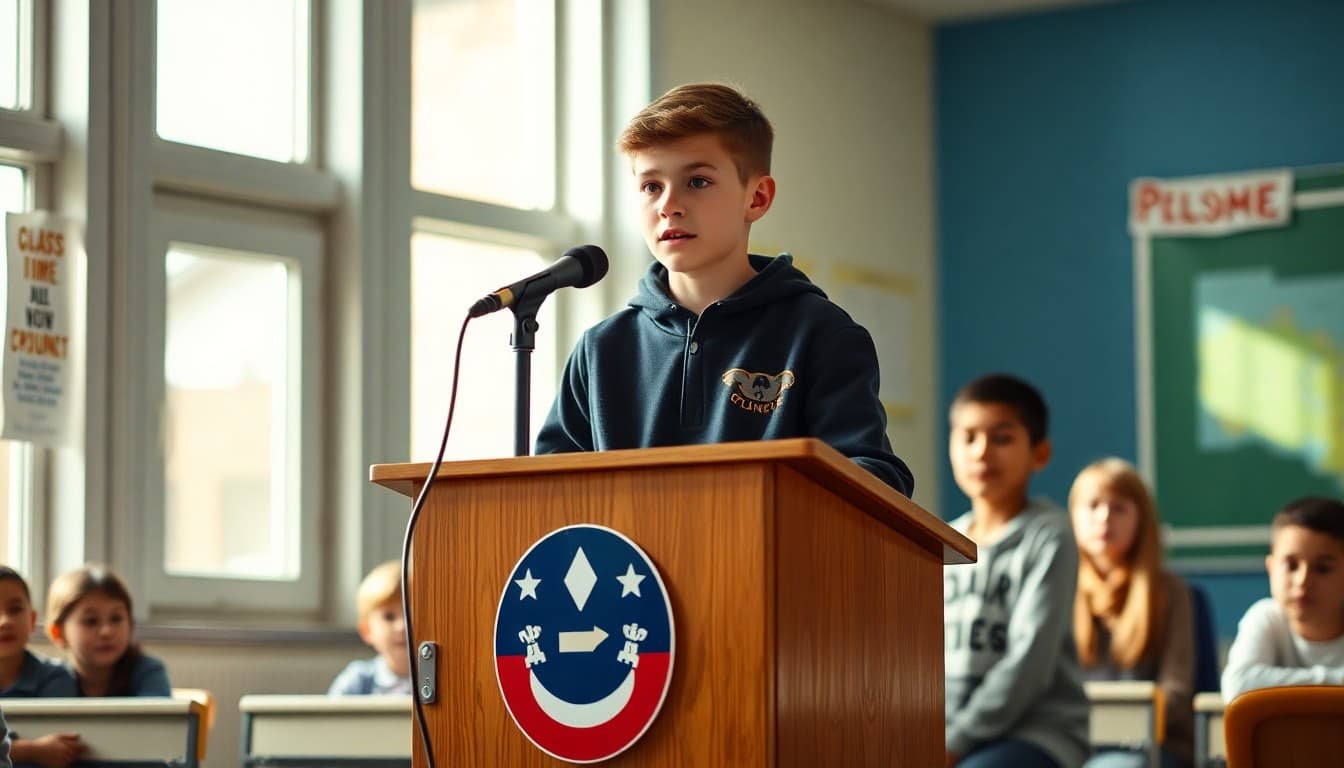 Middle school student standing at a podium delivering a class president campaign speech to classmates