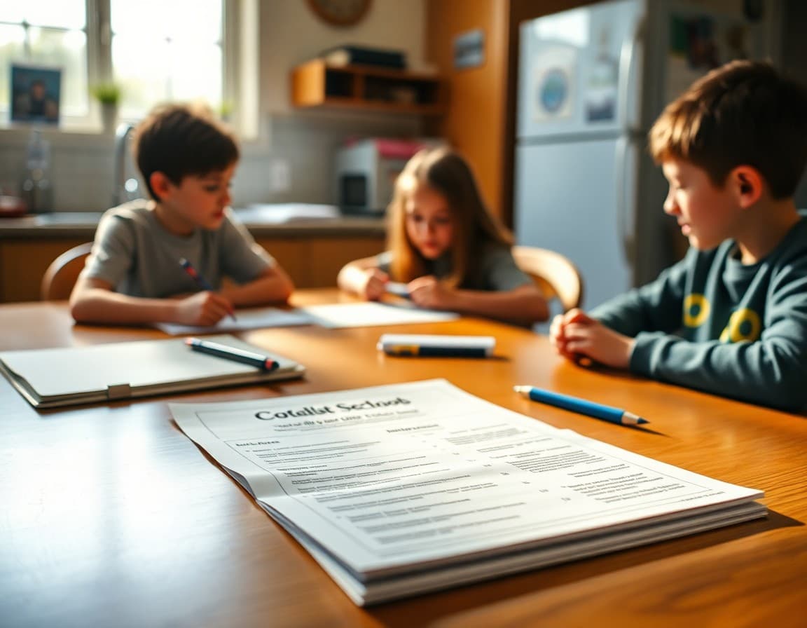Teacher newsletter about high school and eighth grade course selection spread on a kitchen table