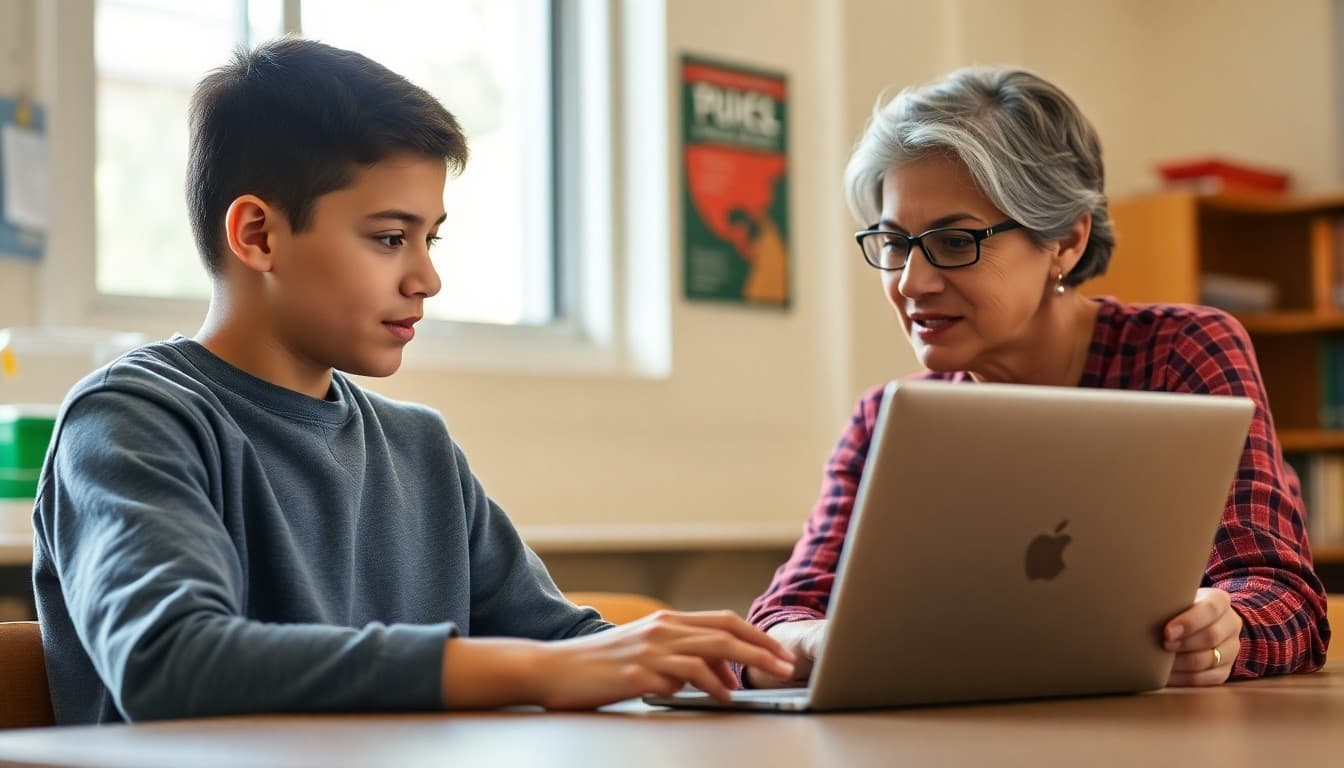 Seventh grade student and parent reviewing course selection options together on a school website