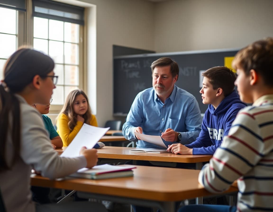 Debate coach working with a middle school team on argument structure and rebuttal techniques after school