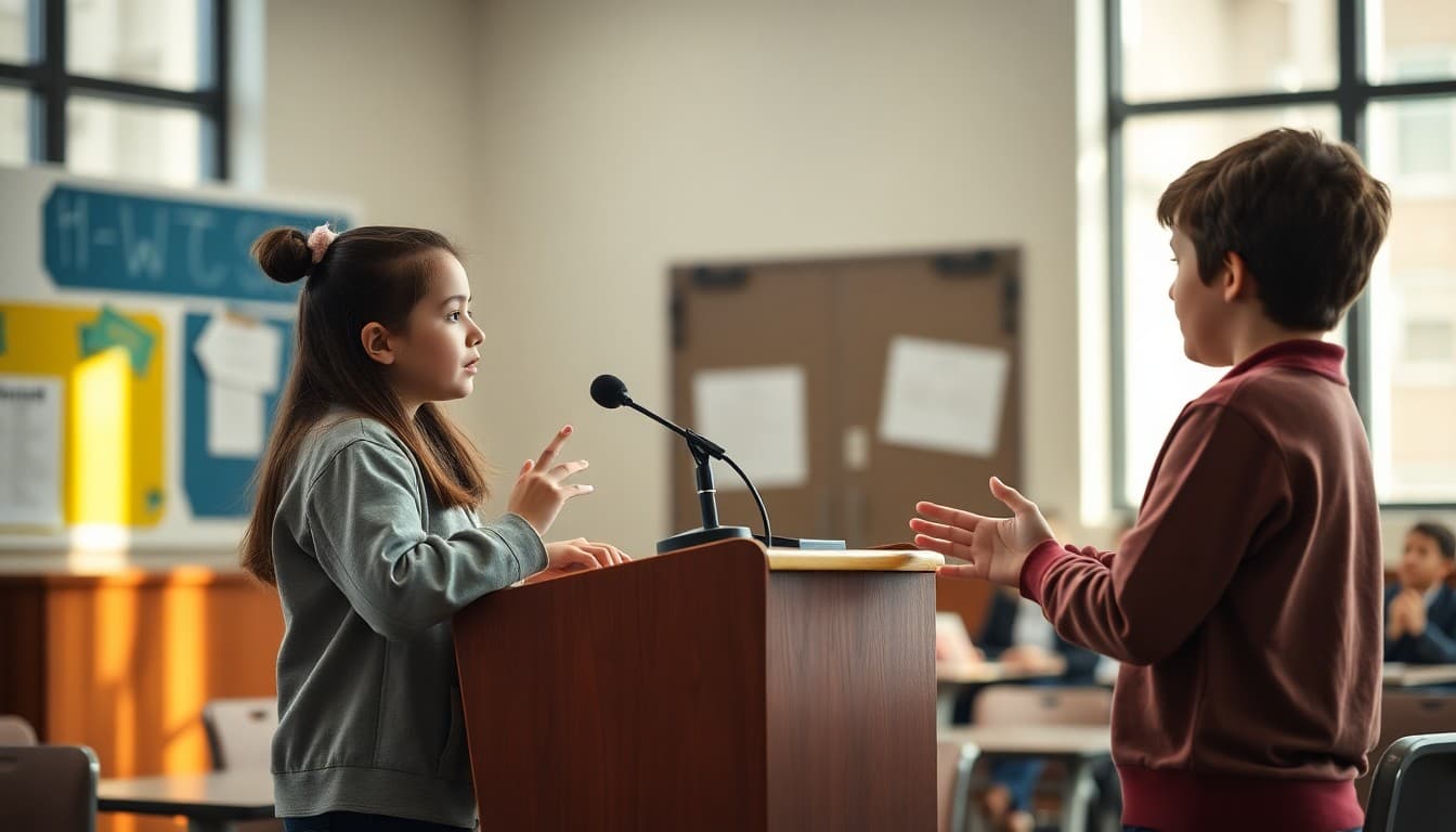 Two middle school students debating across a podium during a school debate club practice session