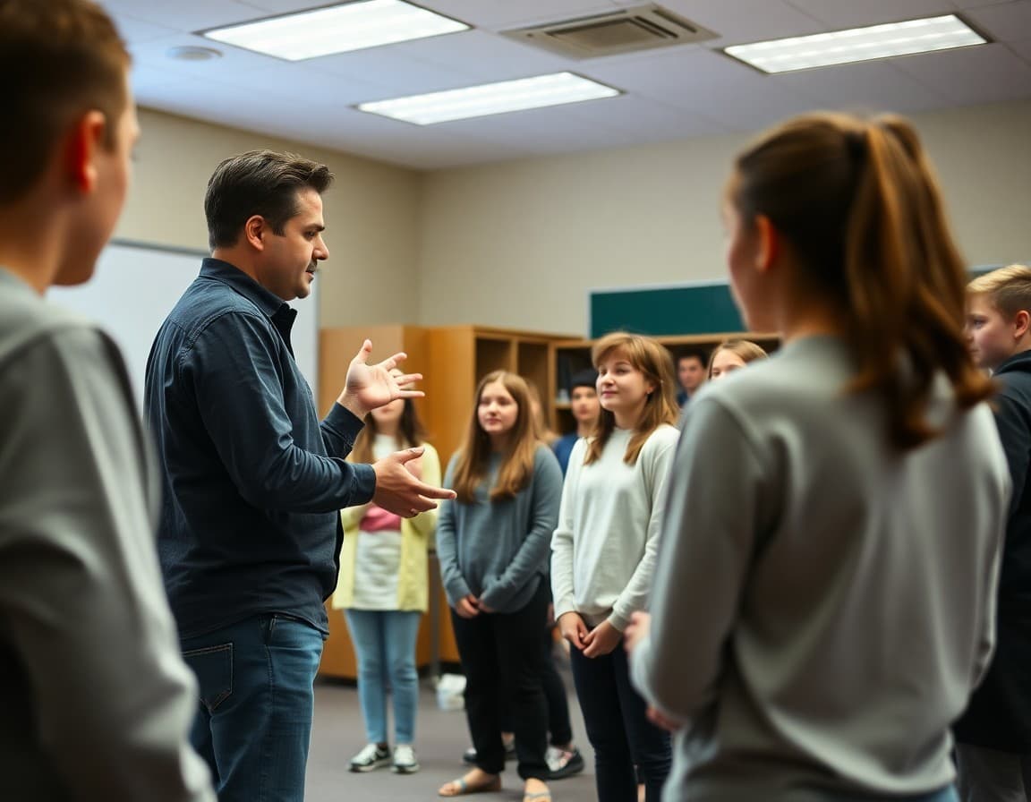 Drama director leading a rehearsal with the middle school cast, working through a scene together on stage