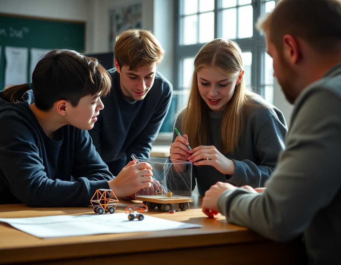 Student team reviewing their failed design prototype and discussing improvements before the next build attempt
