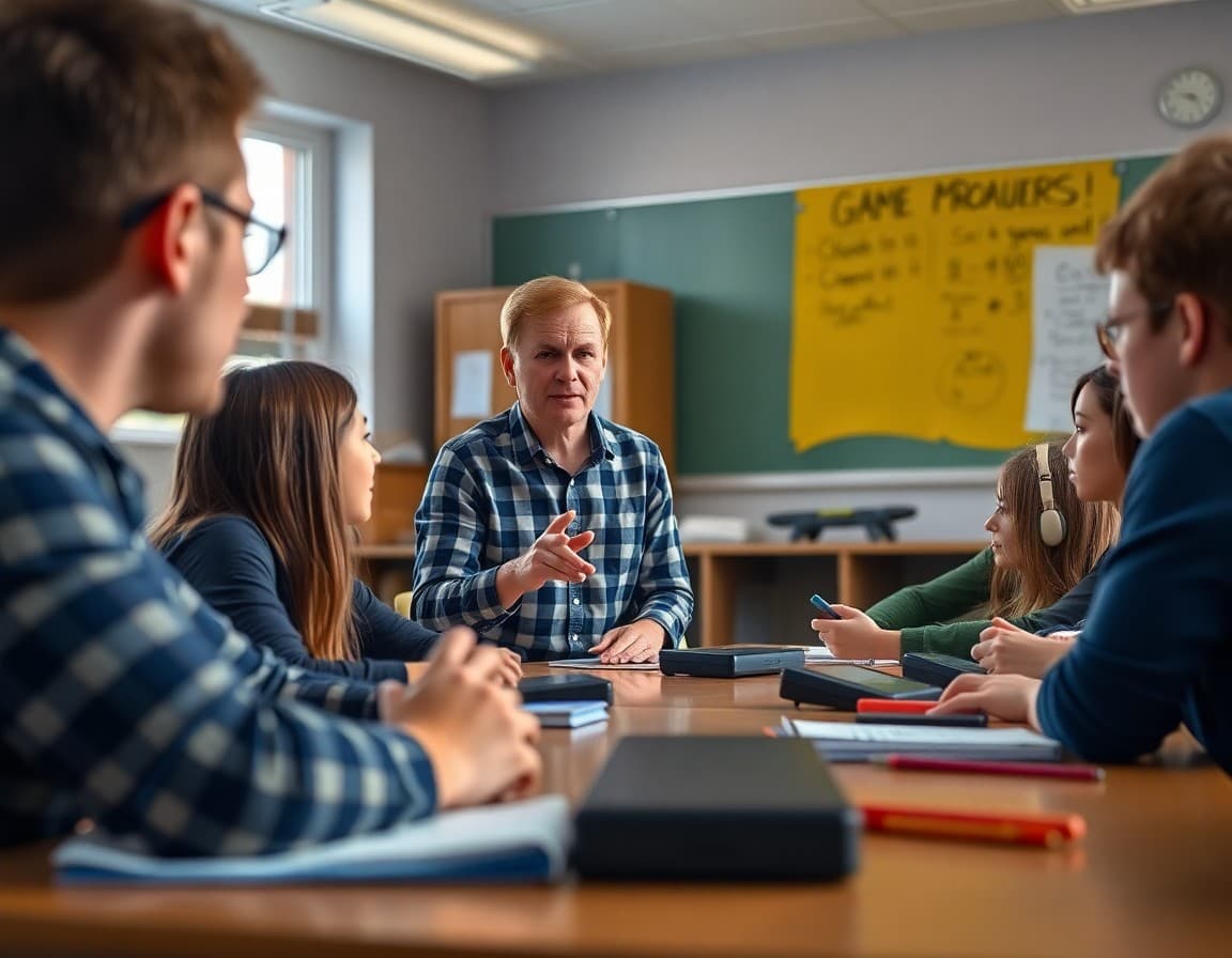 Teacher facilitating a classroom discussion about video game design and the skills that games teach players