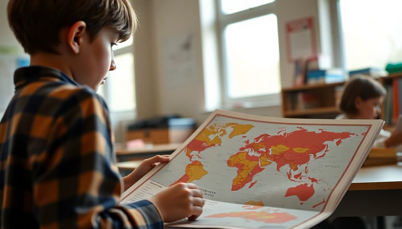 Middle school student studying a world map atlas in preparation for the National Geographic Bee geography competition
