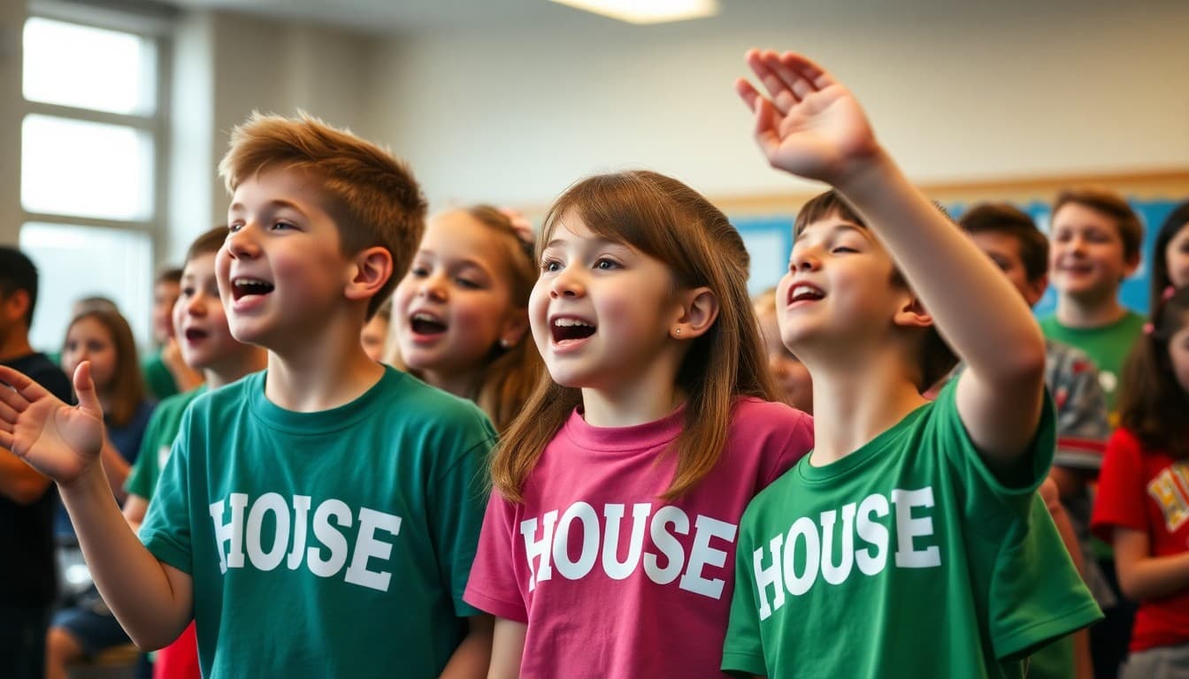 Middle school students in colored house t-shirts cheering during a school house competition event