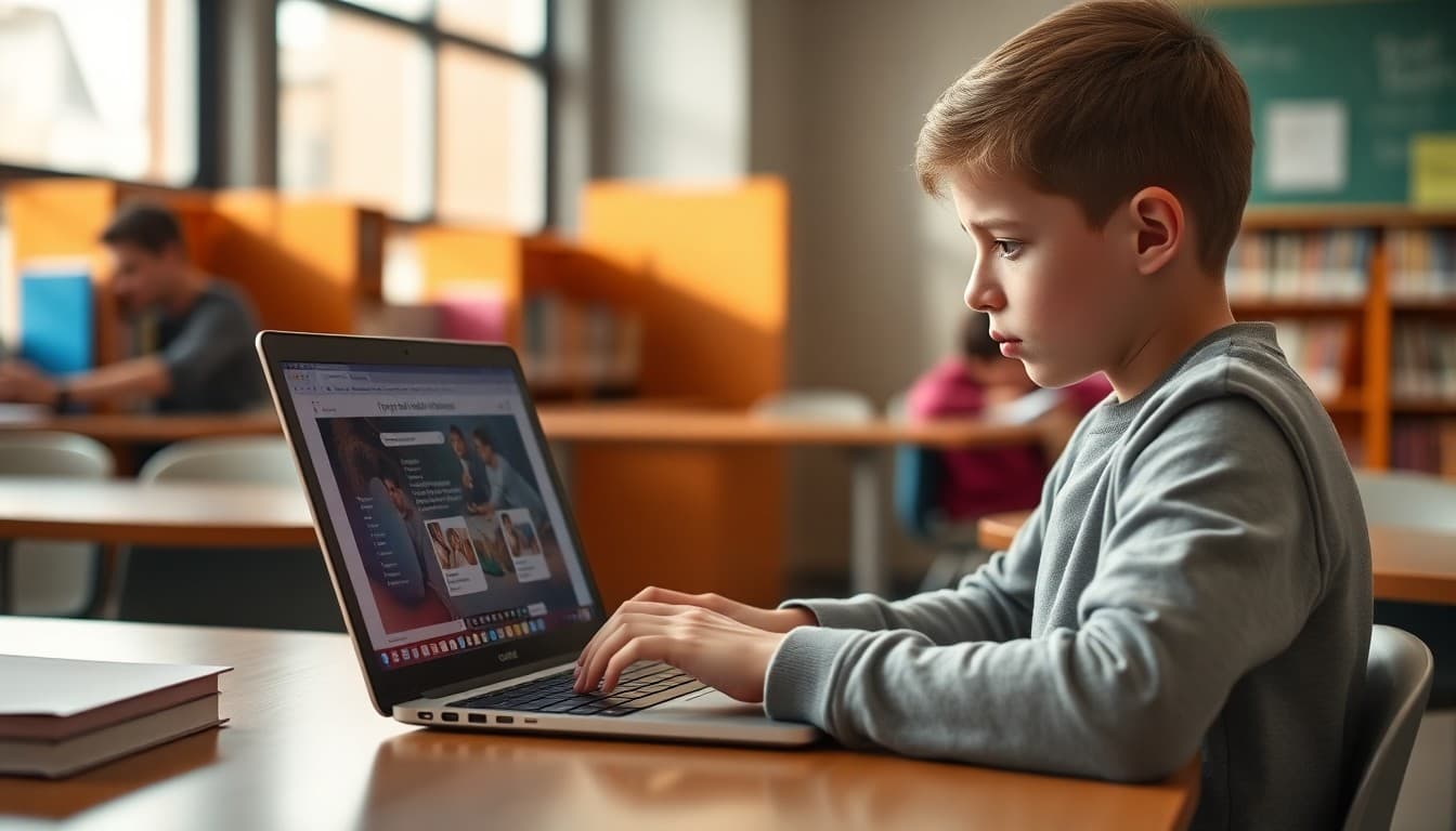 Middle school student using a library database on a laptop to research a social studies project