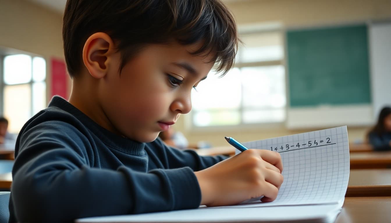 Sixth grade student using a number line drawn on notebook paper to solve an integer addition problem