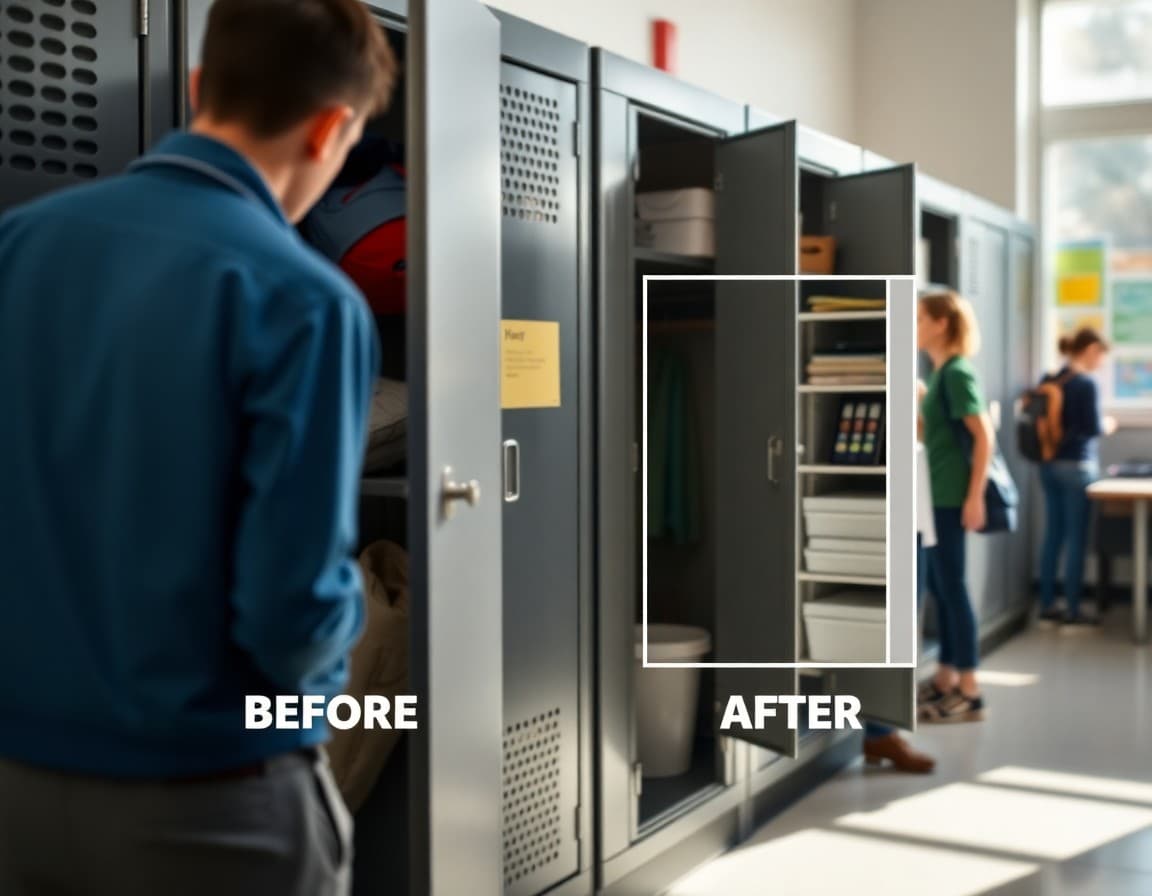 Locker organization newsletter showing a before-and-after diagram of a messy versus organized locker