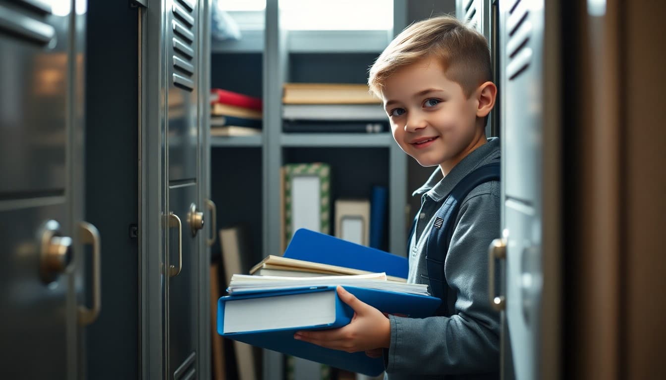 Middle school student organizing binders and textbooks neatly in an open school locker