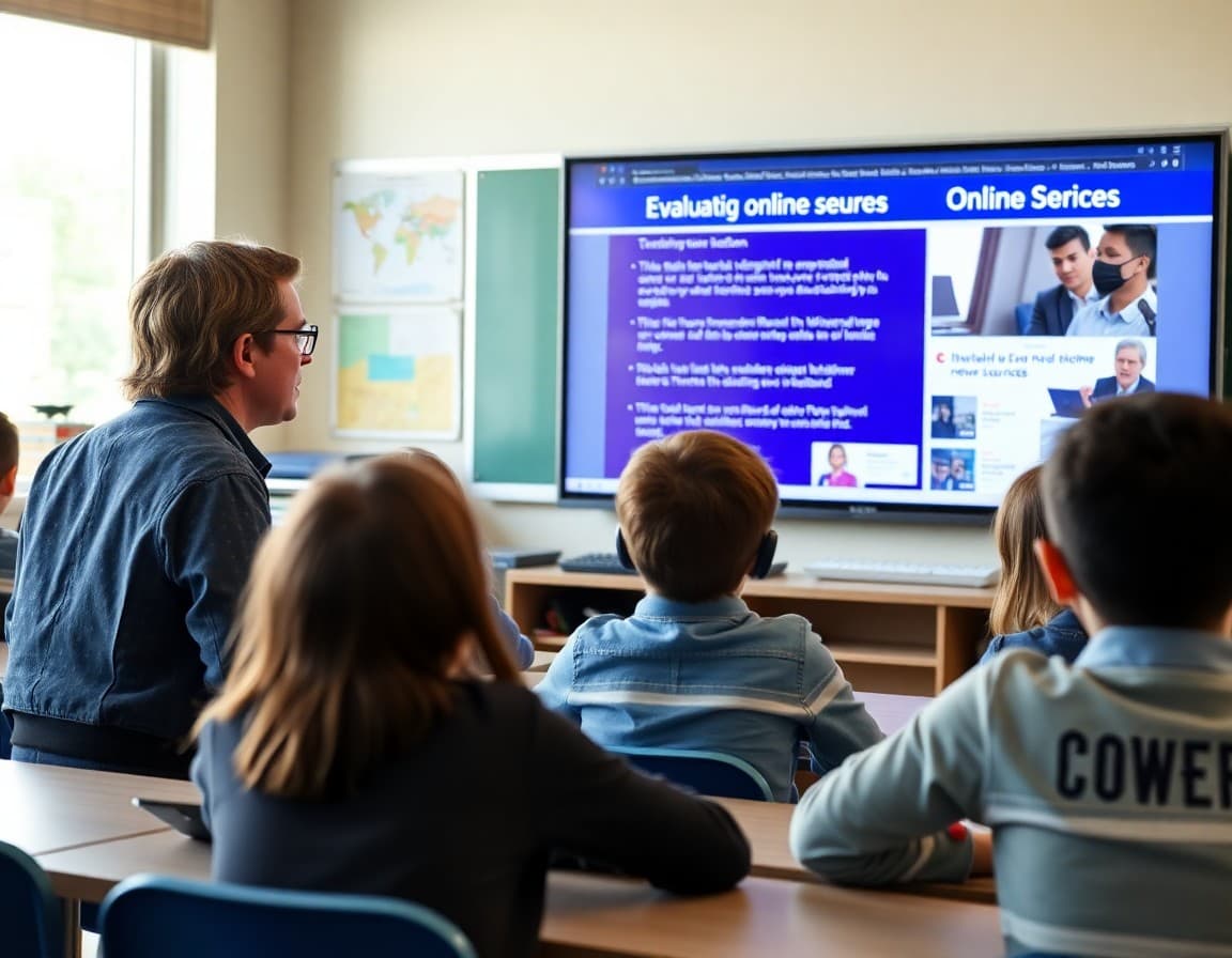 Teacher leading a class discussion about evaluating online news sources on a shared classroom screen