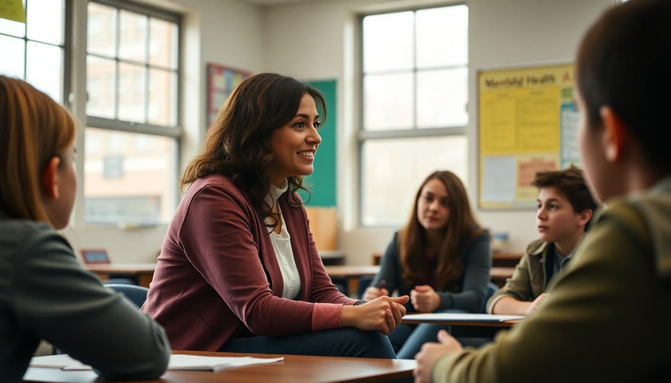 School counselor leading a mental health awareness lesson with middle school students