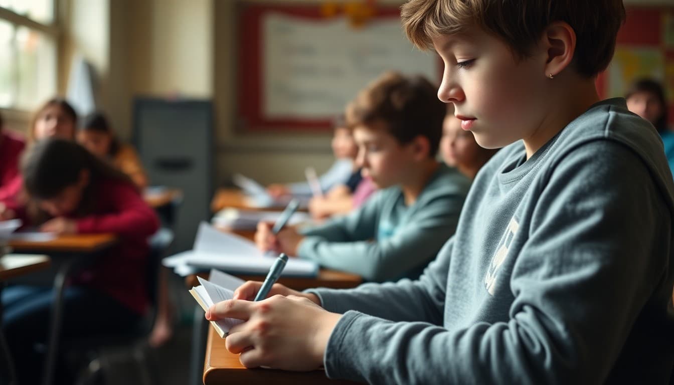 Middle school student taking structured notes in a notebook during a class lecture