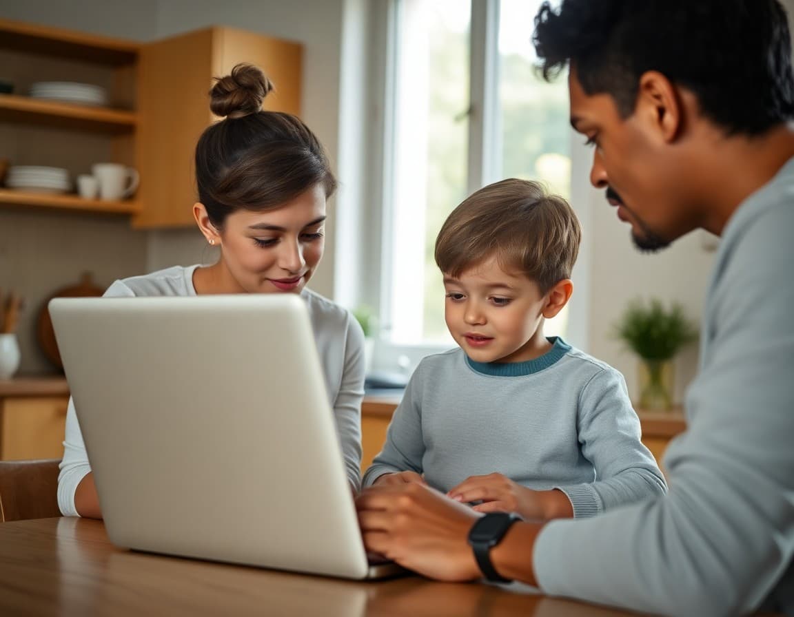 Parent and child looking at account privacy settings together on a family laptop in the kitchen