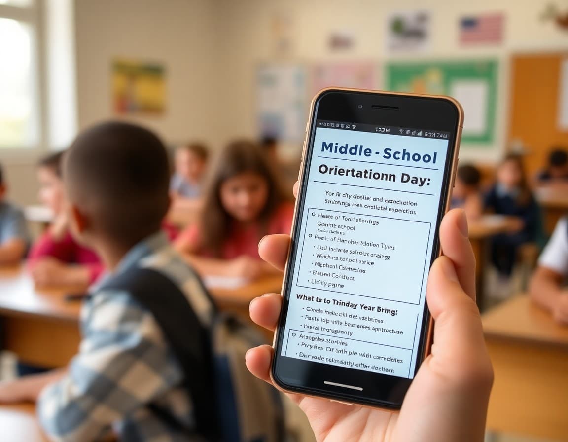Middle school orientation day newsletter on a phone showing the day schedule and what to bring list