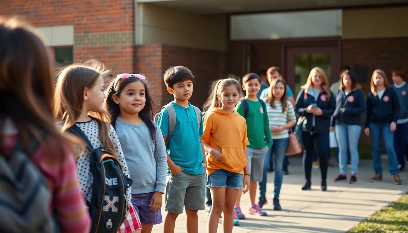 Incoming sixth grade students and parents gathered outside a middle school on orientation morning