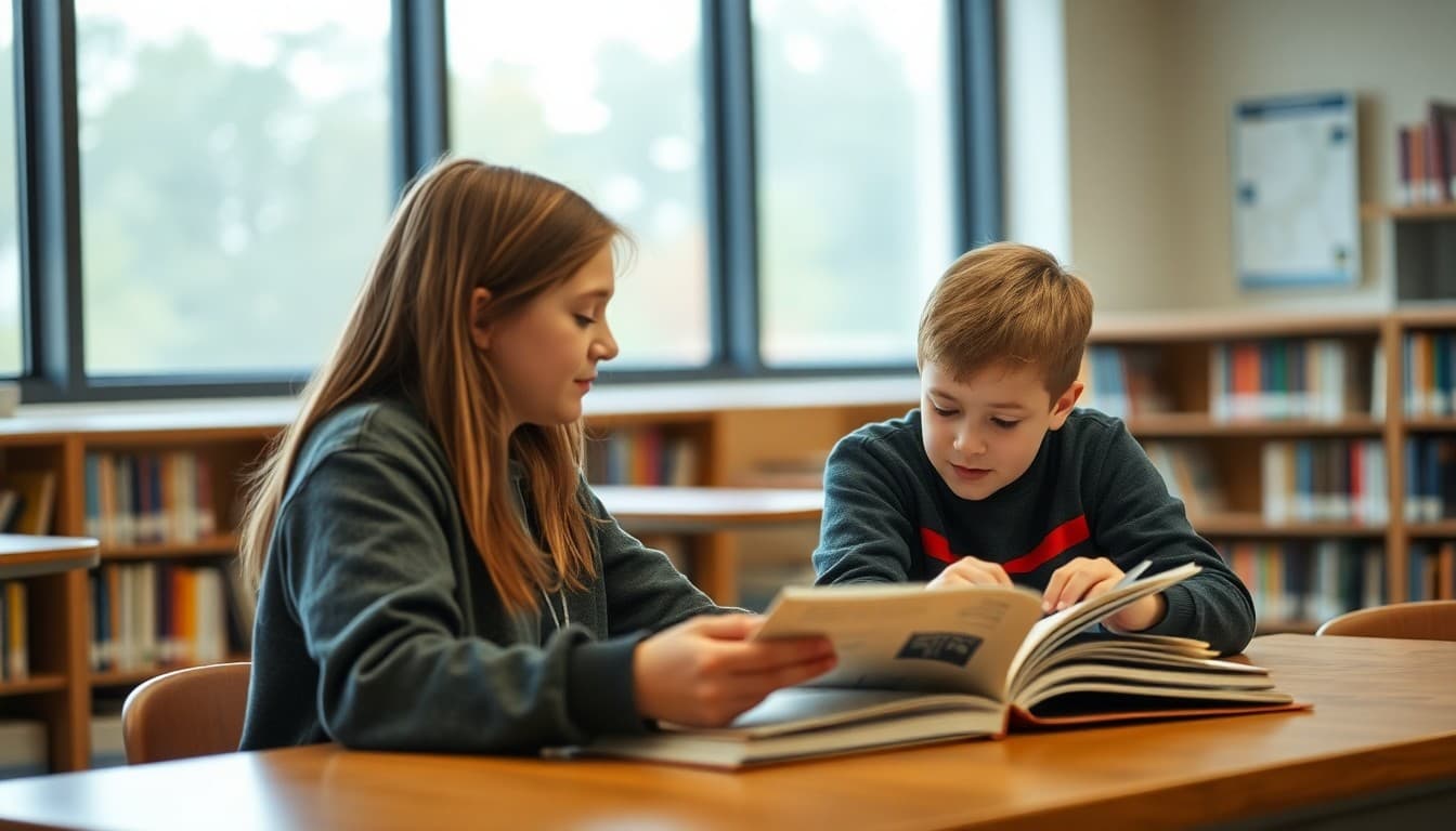 Eighth grade mentor working with a sixth grade student on a reading assignment in the school library