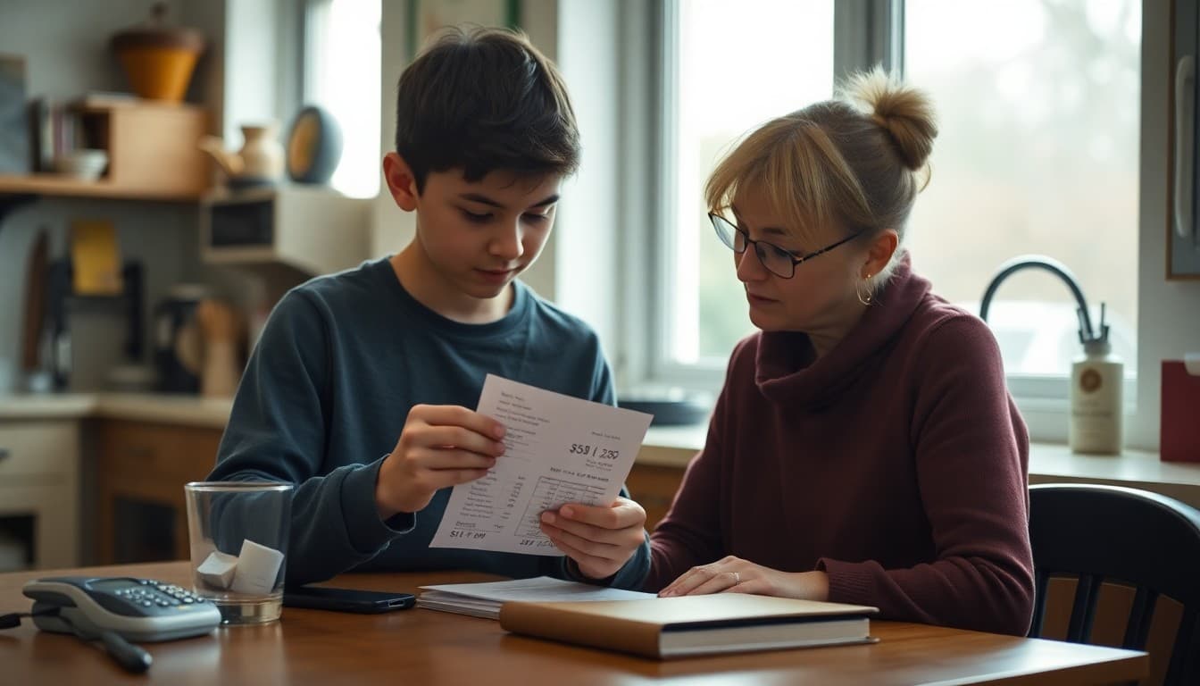 Middle school student calculating percent discount on a store receipt with a parent at a kitchen table