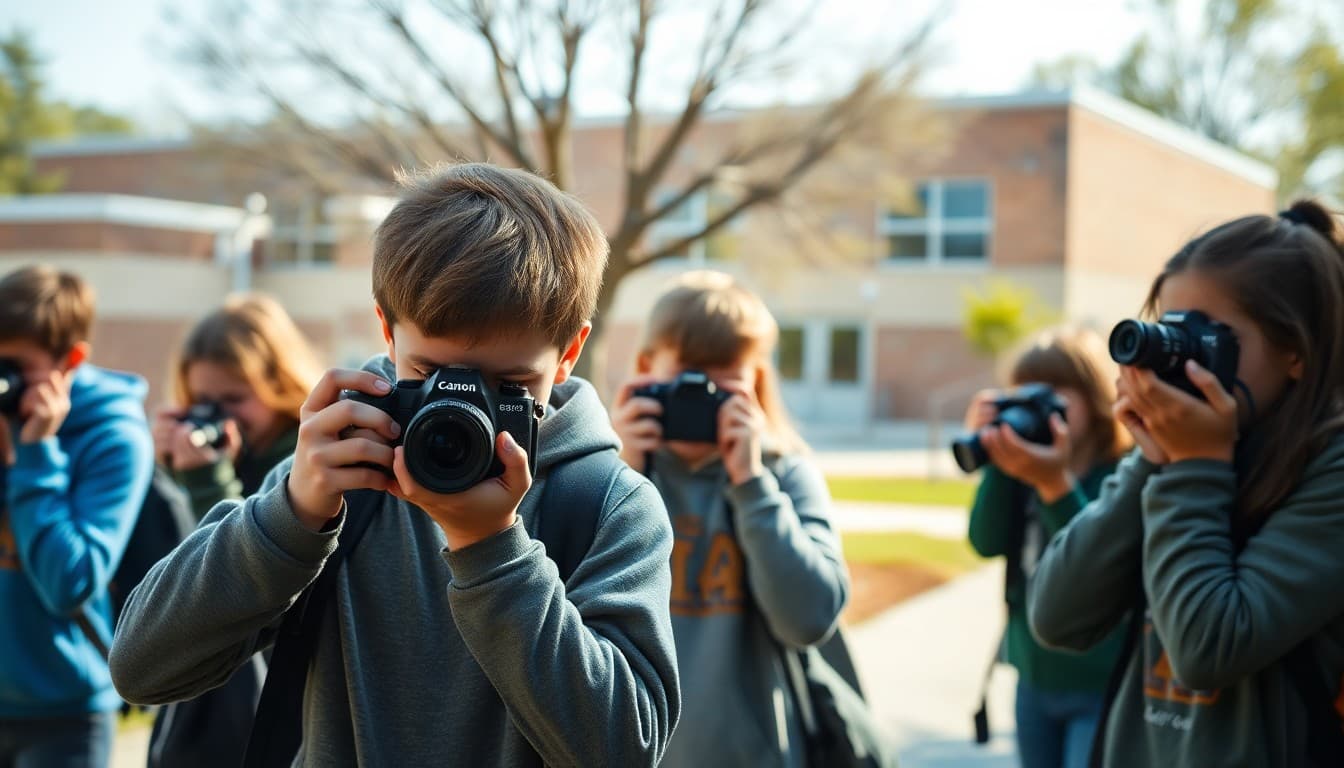 Middle school photography club students outdoors capturing images with cameras during a school photo walk