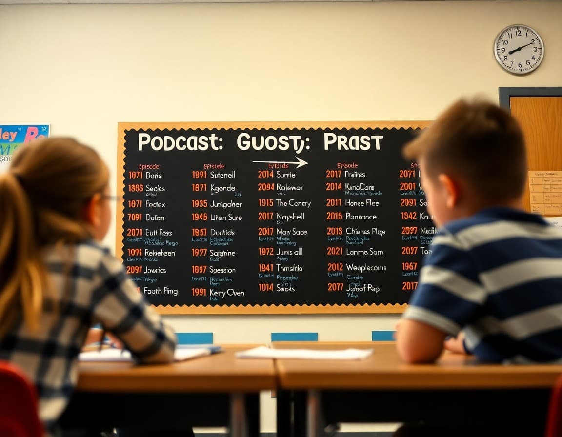 Middle school podcast project display showing episode titles and student names on a classroom bulletin board