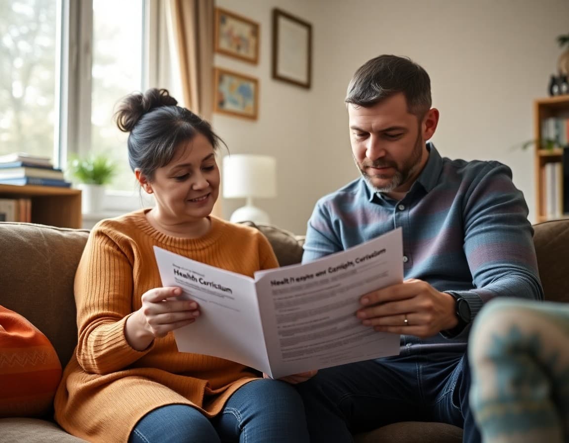 Parents reviewing a health curriculum overview letter at home