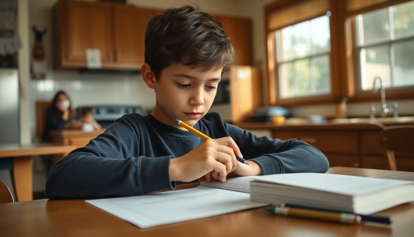 Middle school student working through a ratio problem with a pencil on graph paper at a kitchen table