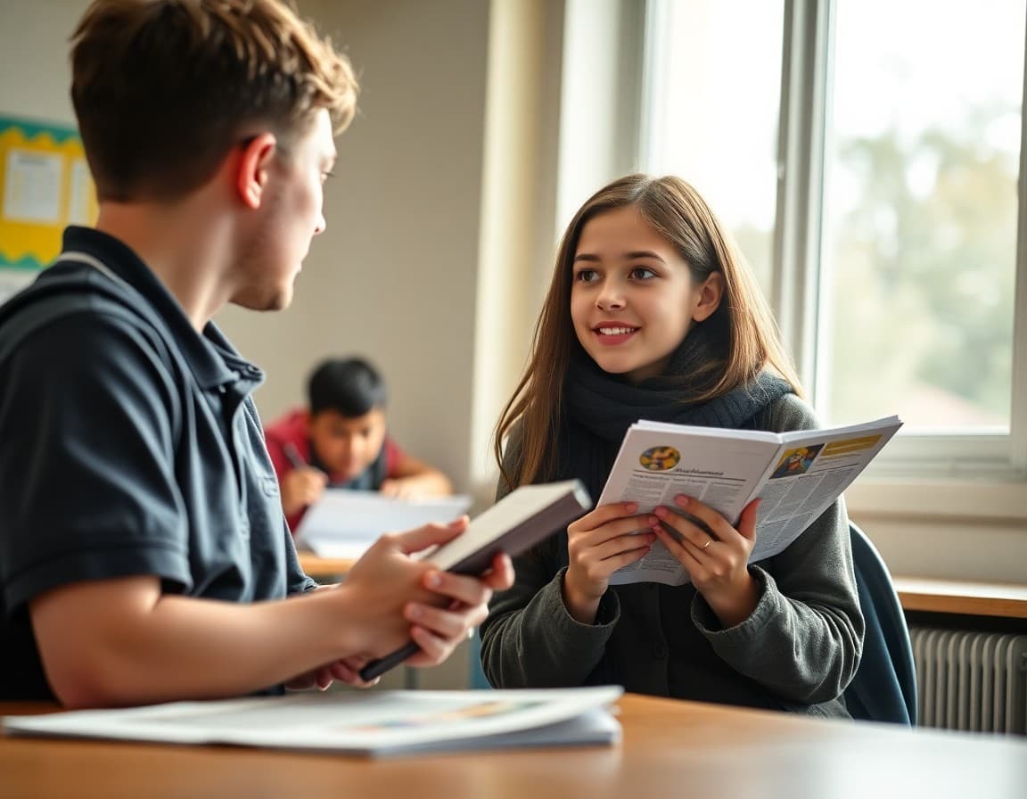 Student journalist interviewing a classmate with a notebook for an article in the school newspaper