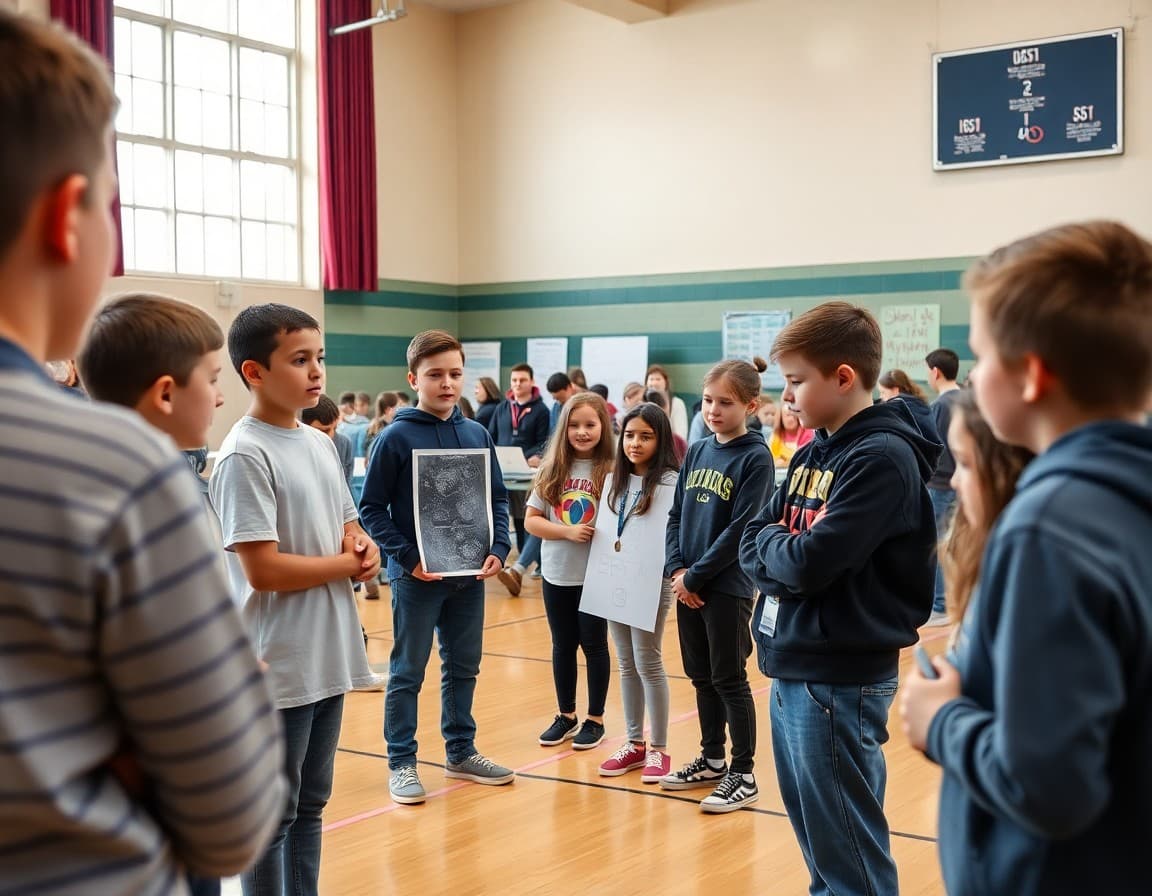Middle school students presenting their science fair experiments to a panel of judges in the school gymnasium