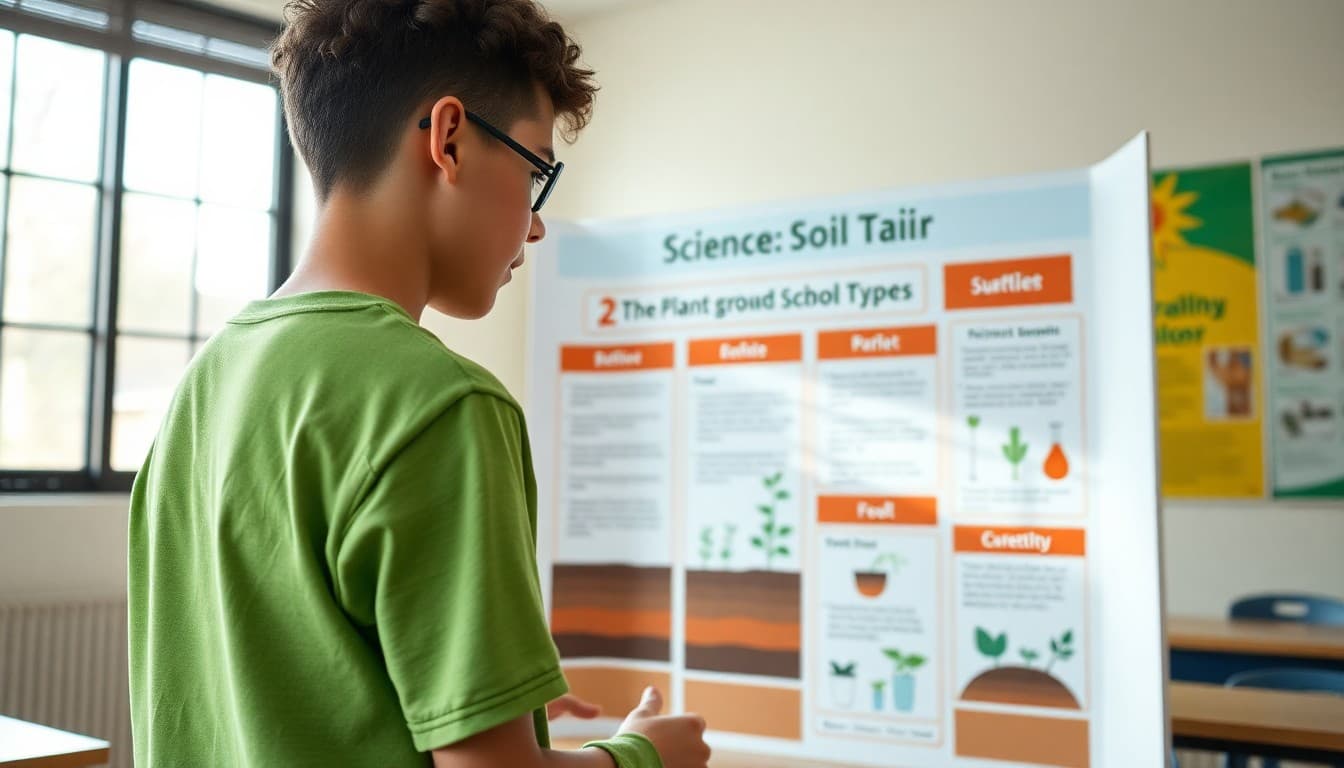 Middle school student setting up a display board for a science fair project on plant growth and soil types