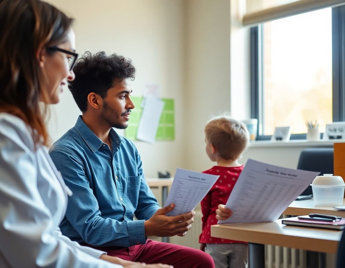 Parent and child reviewing scoliosis screening results with a pediatrician in a medical office