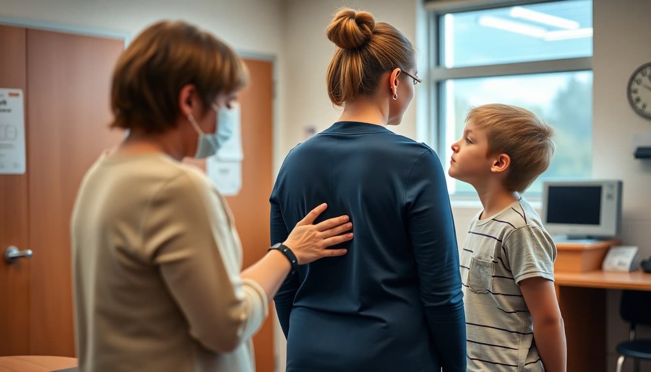 School nurse conducting a scoliosis posture screening with a middle school student in the health office