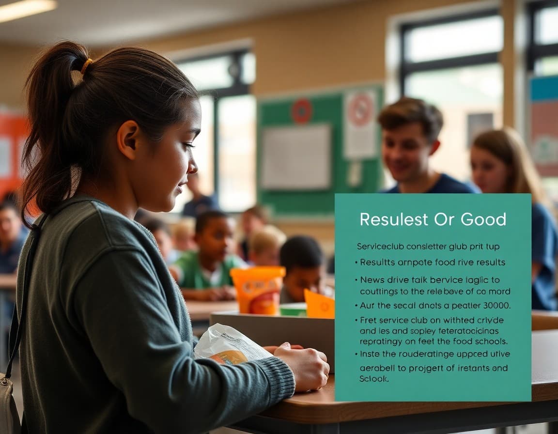 Service club newsletter showing a completed food drive results summary and upcoming project announcement