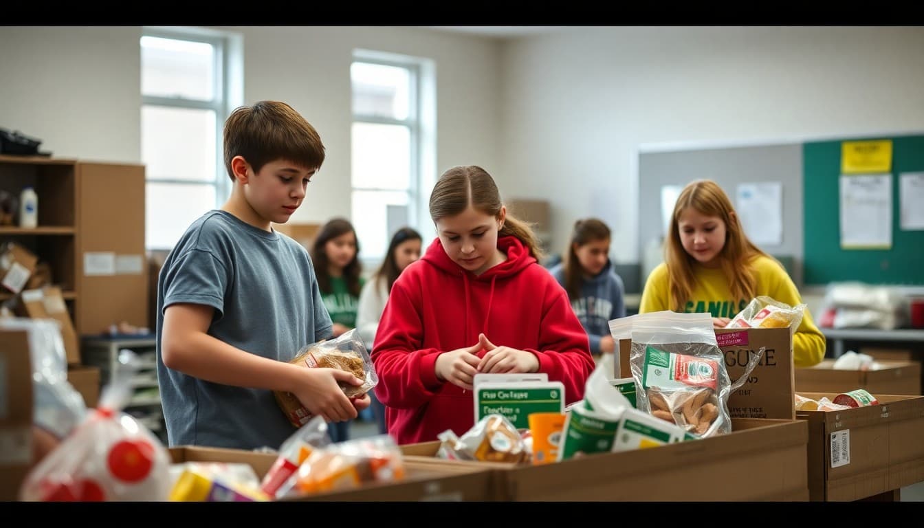 Middle school service club members at a community food bank sorting donated items on a Saturday morning