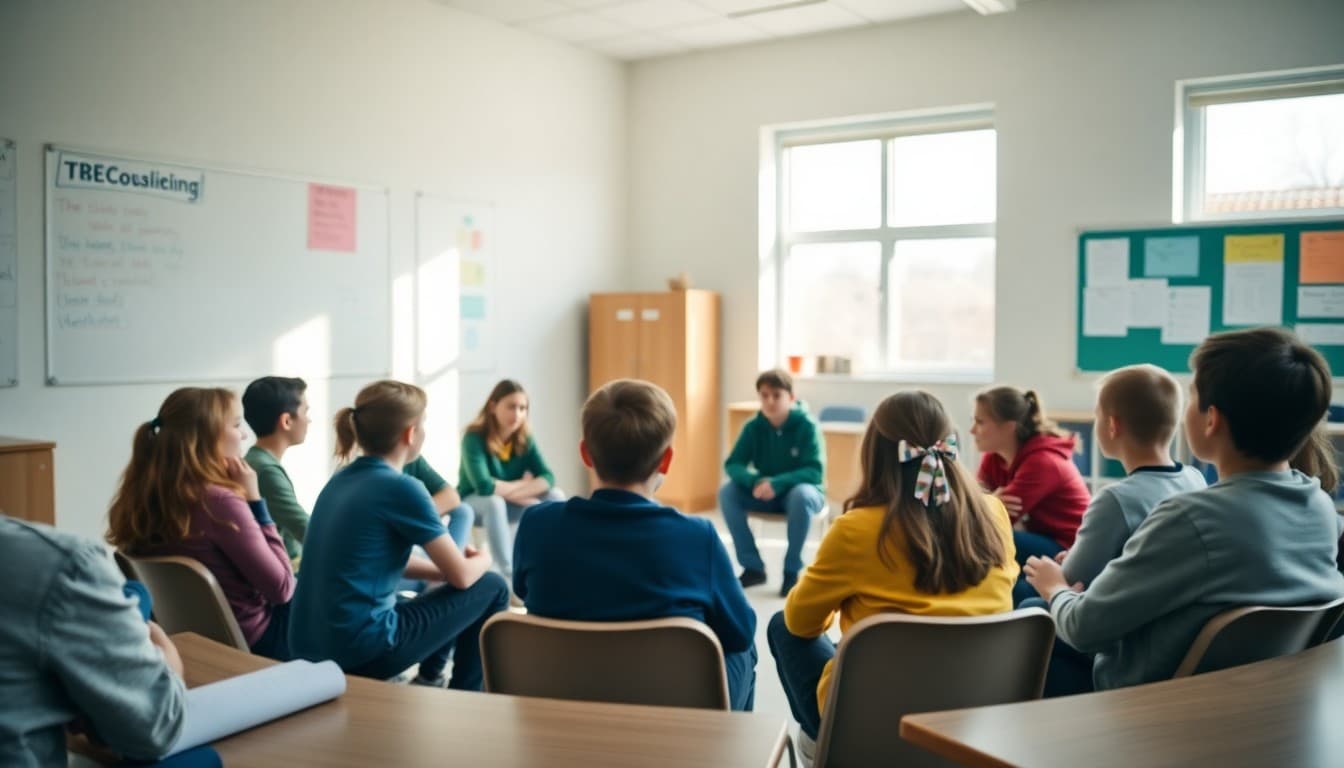 Middle school students in two concentric circles having a structured discussion in a bright classroom