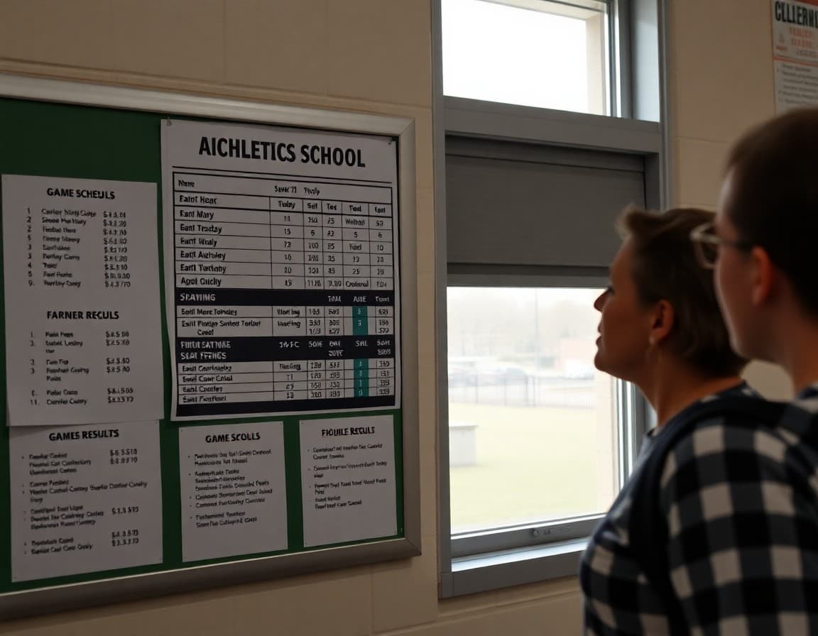 Athletic director posting the middle school sports schedule and game results on a school bulletin board