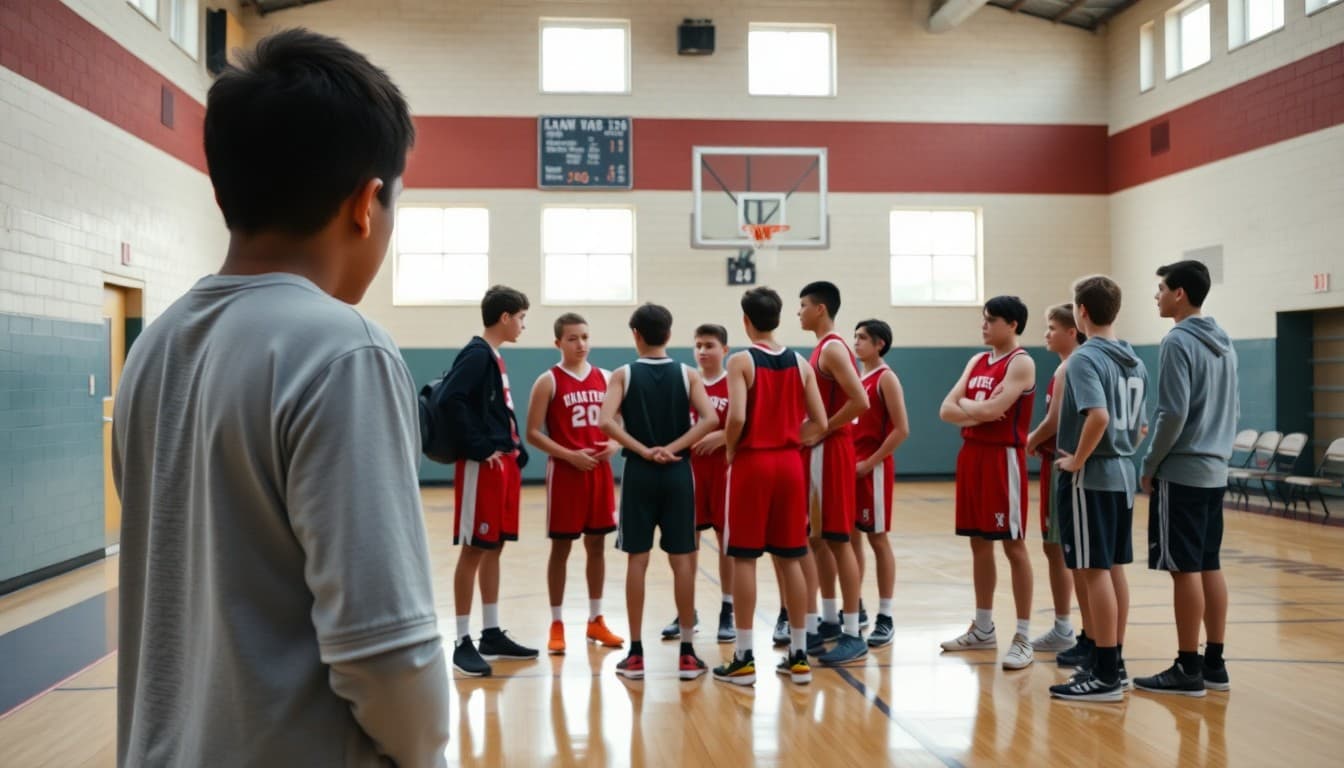 Middle school basketball team huddling before a game with the coach at the school gymnasium