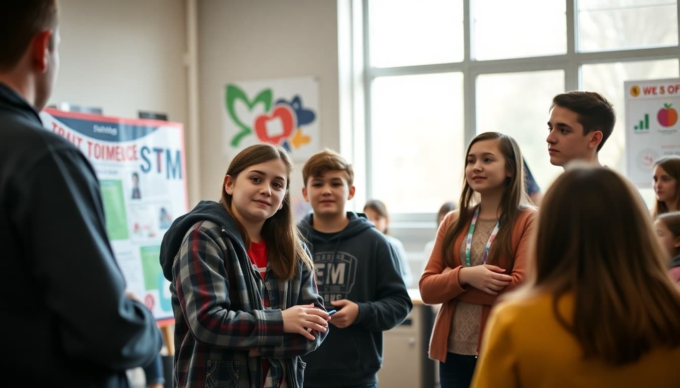 Middle school students presenting their STEM project to judges at a regional science and engineering competition