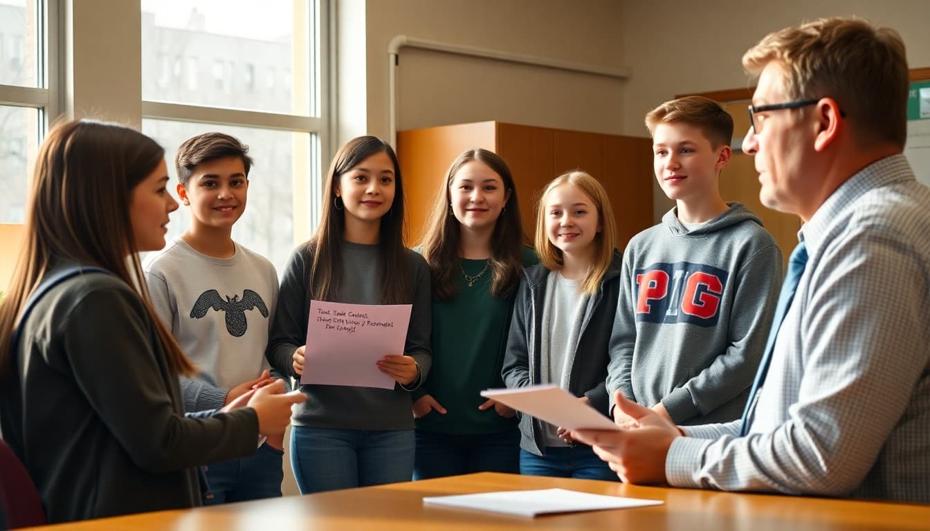 Middle school student council members presenting a school improvement proposal to their principal