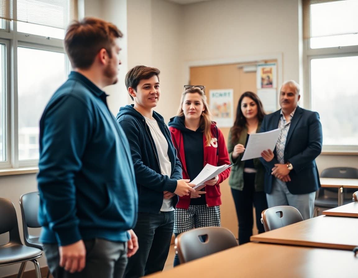 Student government members presenting a school improvement proposal to the principal and vice principal