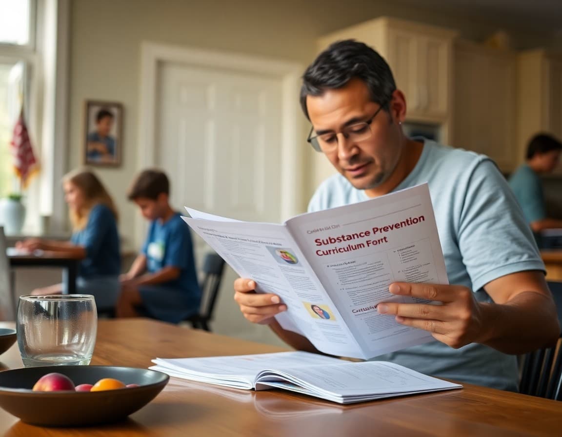 Parent reviewing a substance prevention curriculum guide at a kitchen table